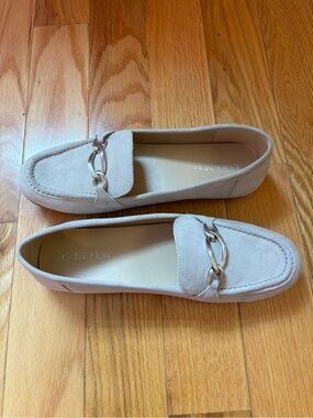 Calvin Klein Beige Suede Loafers with Silver Chain Accent